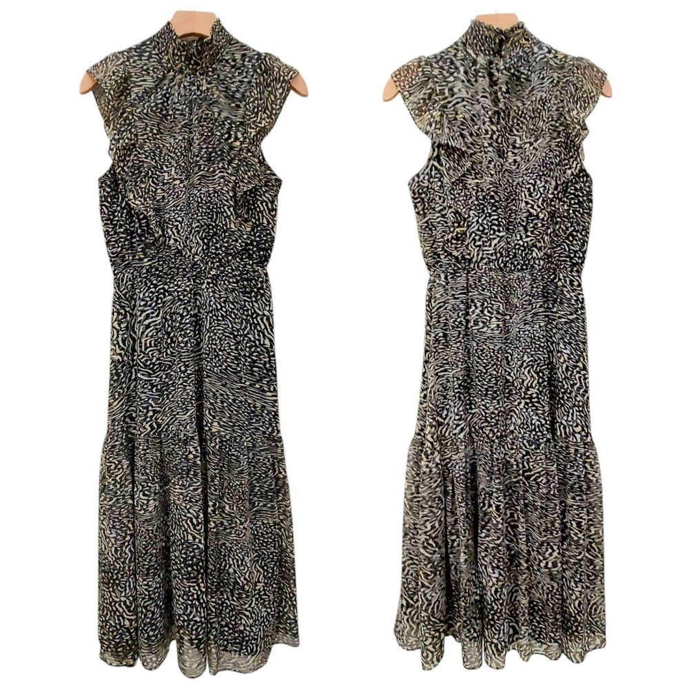 Steve Madden Anna Midi Dress Womens Medium Black Tiered Chiffon Animal Print